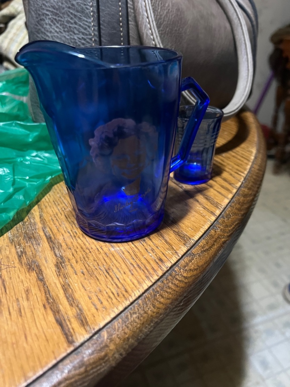 Vintage Cobalt Shirley temple Blue Glass Pitcher with Handle